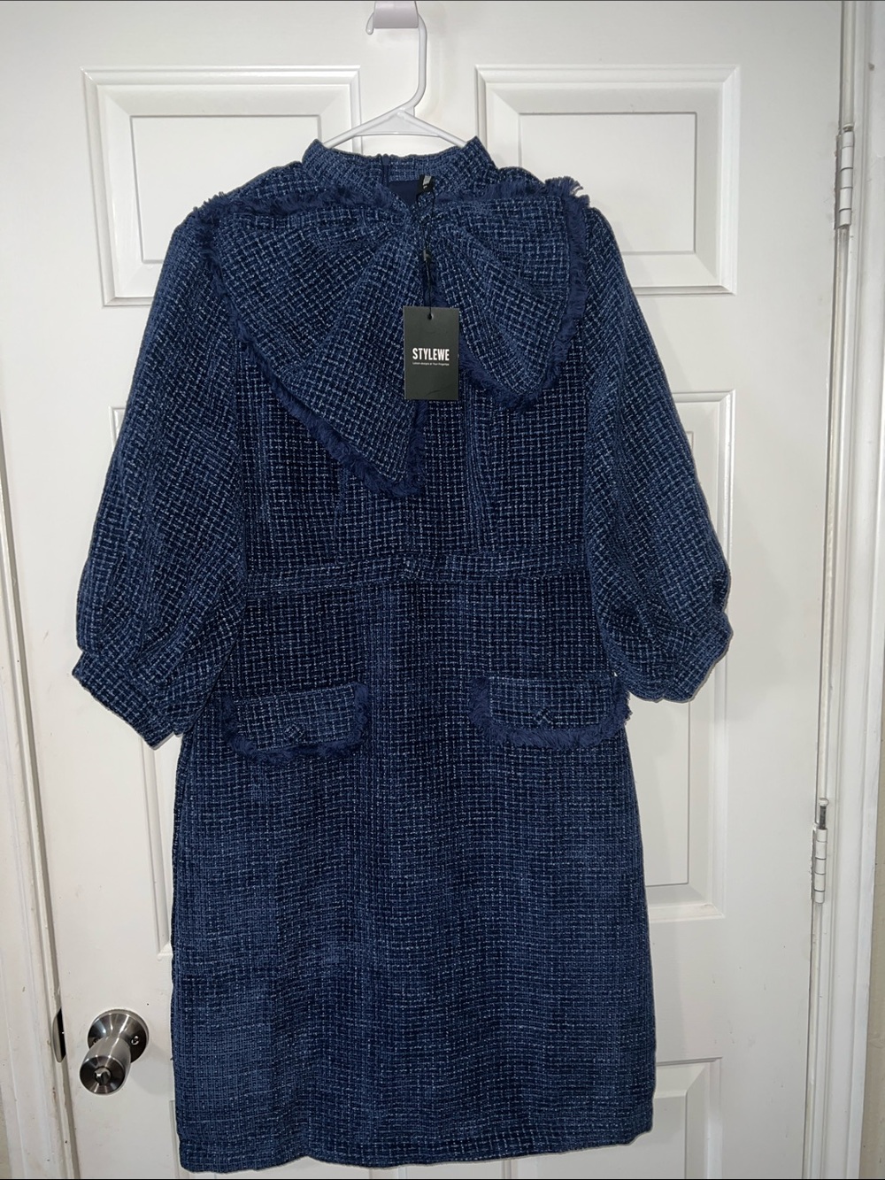 STYLEWE Navy Bouclé Midi Dress with Statement Bow Collar